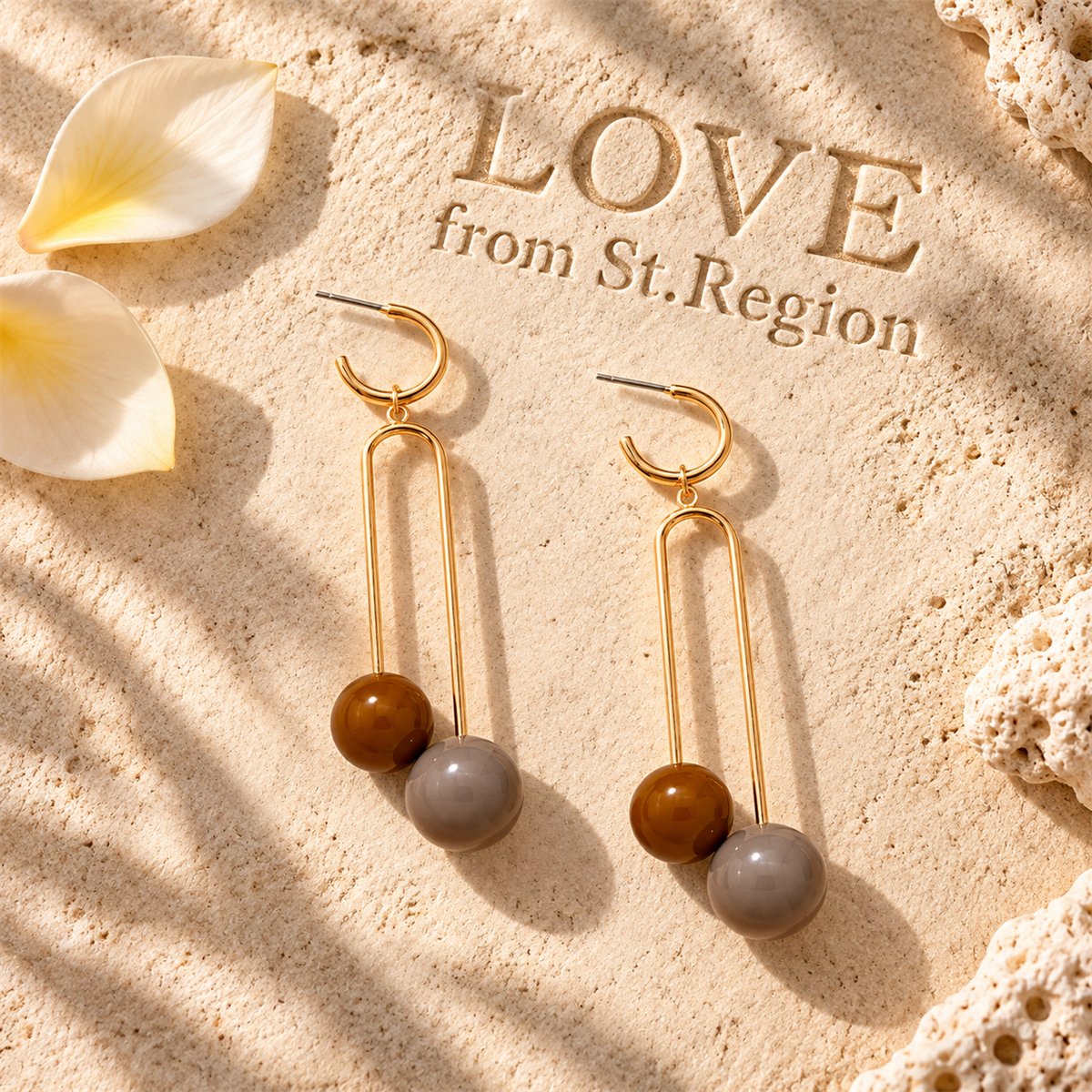 Brown Resin and 18K Gold-Plated Sphere Drop Earrings, gold huggie earrings, elegant gift for her, lifestyle look