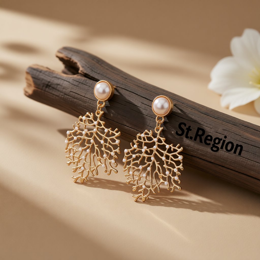 Pearl and 18K Gold-Plated Tree Dangle Earrings, gold drop earrings for women, vintage-inspired design, front view