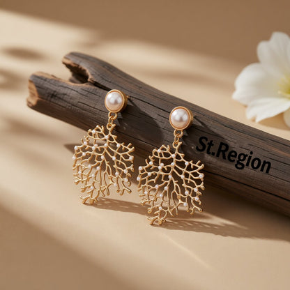 Pearl and 18K Gold-Plated Tree Dangle Earrings, gold drop earrings for women, vintage-inspired design, front view