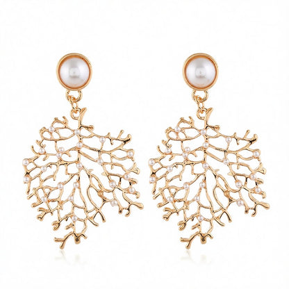 Pearl and 18K Gold-Plated Tree Dangle Earrings, gold drop earrings for women, vintage-inspired design, side view