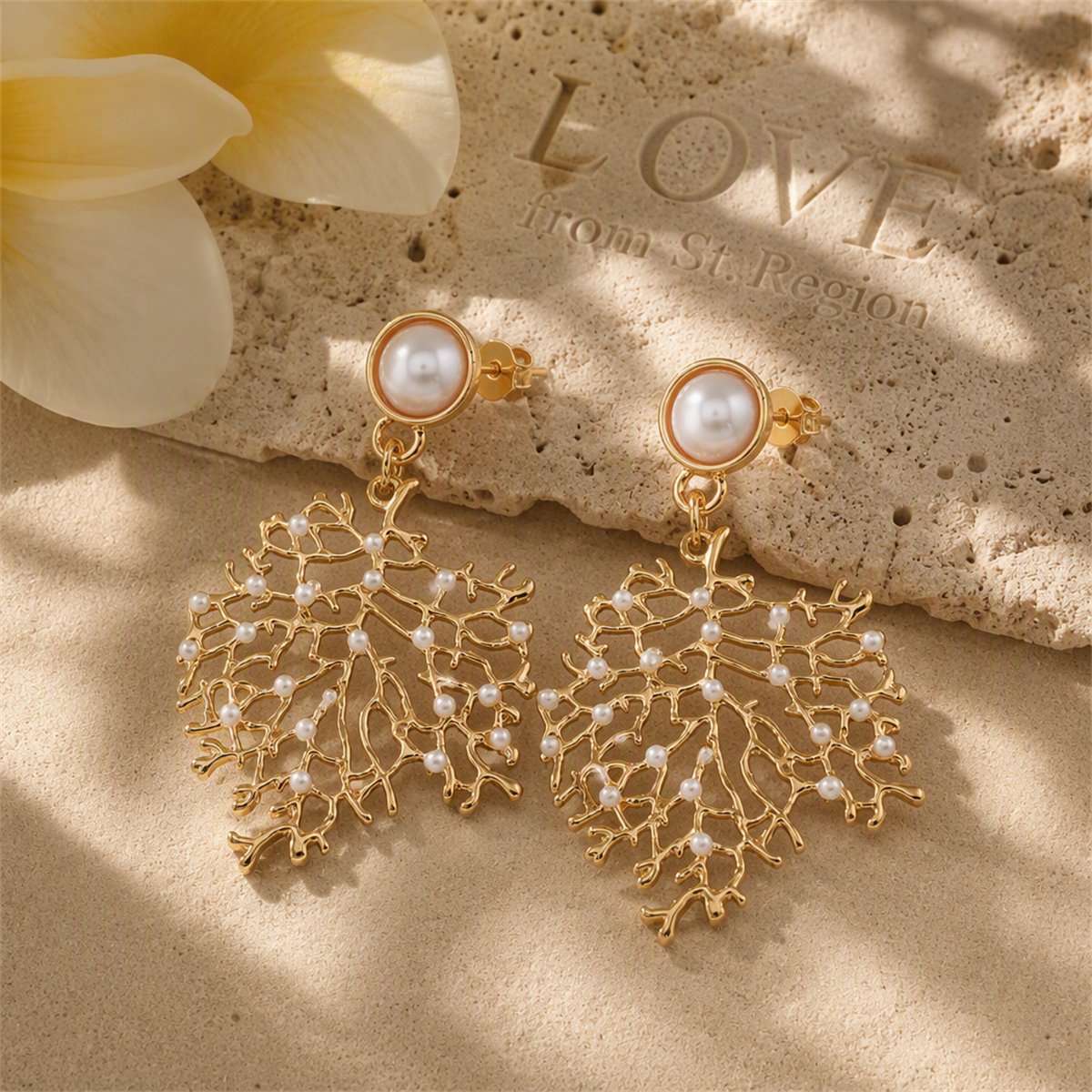 Pearl and 18K Gold-Plated Tree Dangle Earrings, gold drop earrings for women, vintage-inspired design, lifestyle look