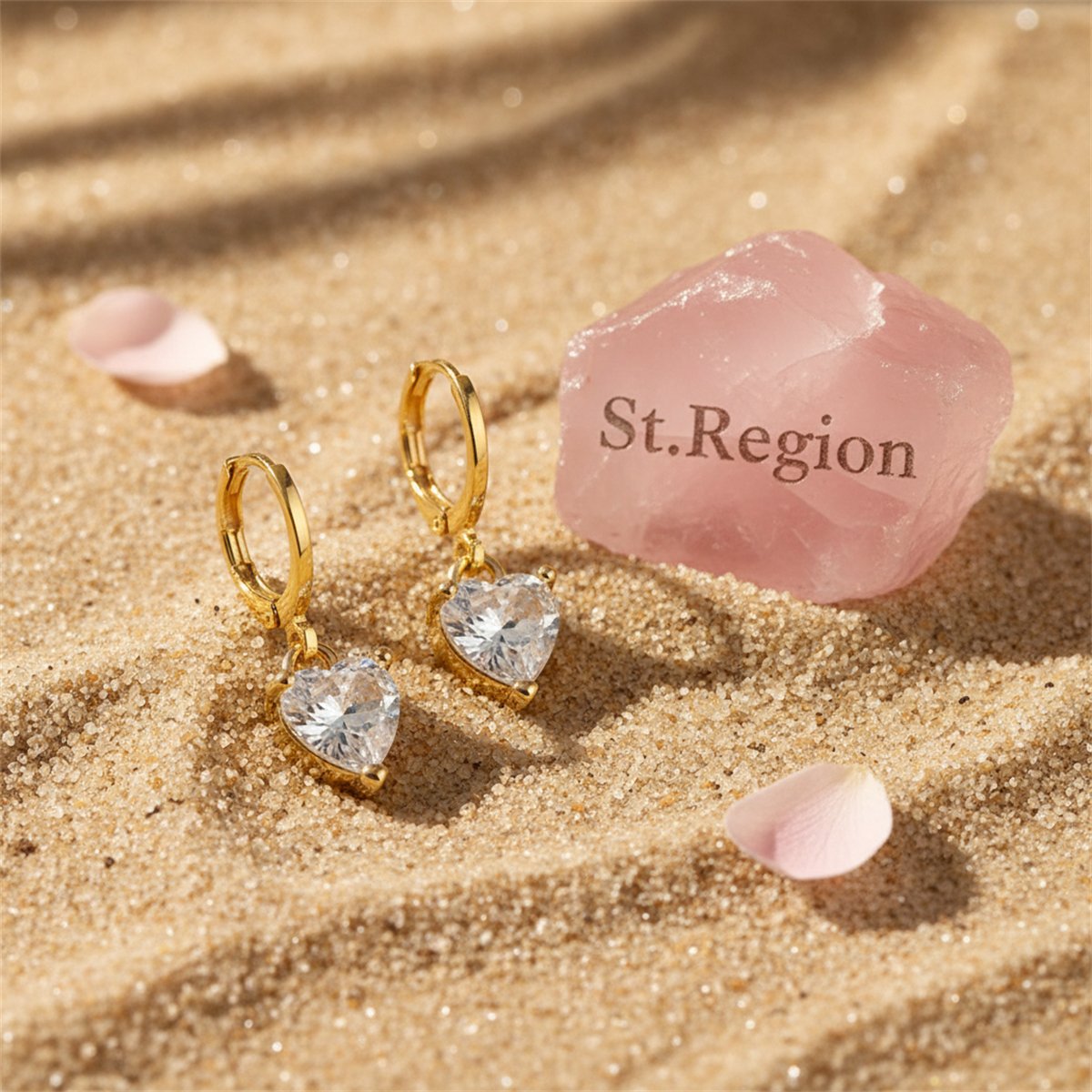 Crystal and 18K Gold-Plated Heart Charm Huggie Earrings, gold huggie earrings, elegant gift for her, detail close-up
