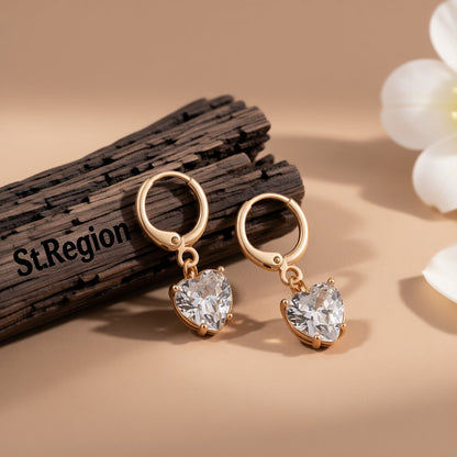 Crystal and 18K Gold-Plated Heart Charm Huggie Earrings, gold huggie earrings, elegant gift for her, front view