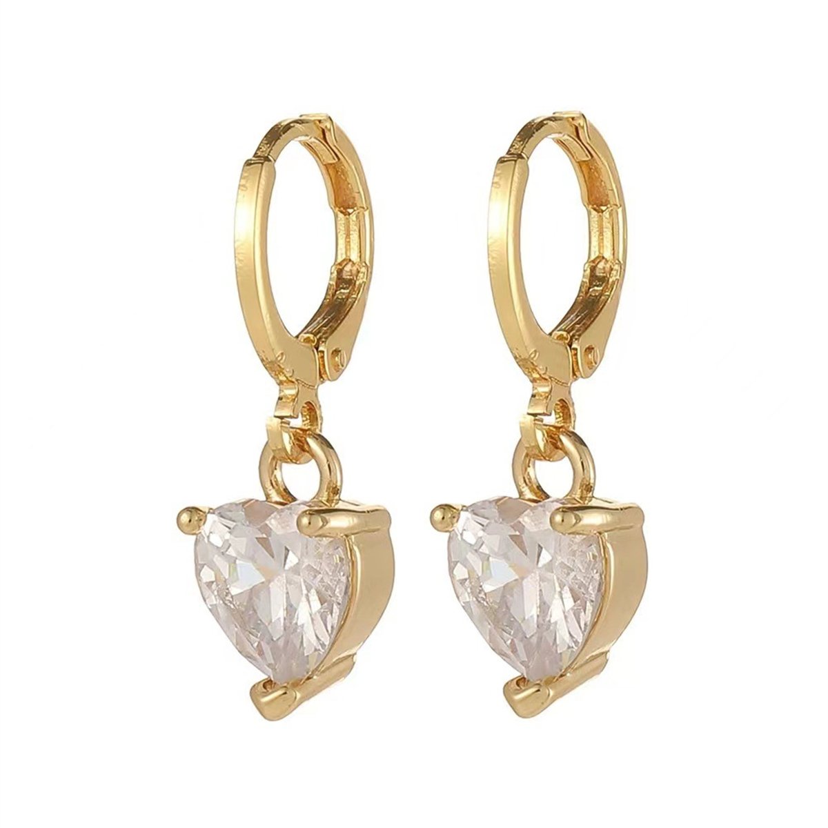 Crystal and 18K Gold-Plated Heart Charm Huggie Earrings, gold huggie earrings, elegant gift for her, side view