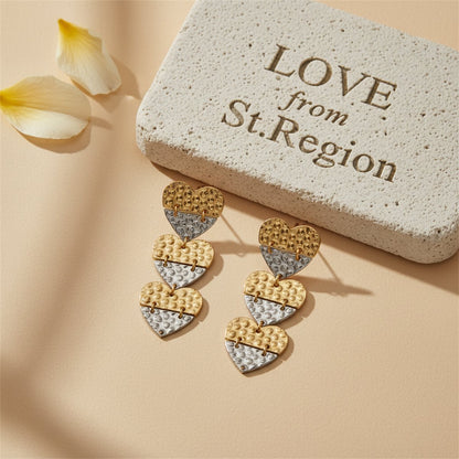 Two Tone Patchwork Heart Dangle Earrings, drop earrings for women, vintage-inspired design, lifestyle look