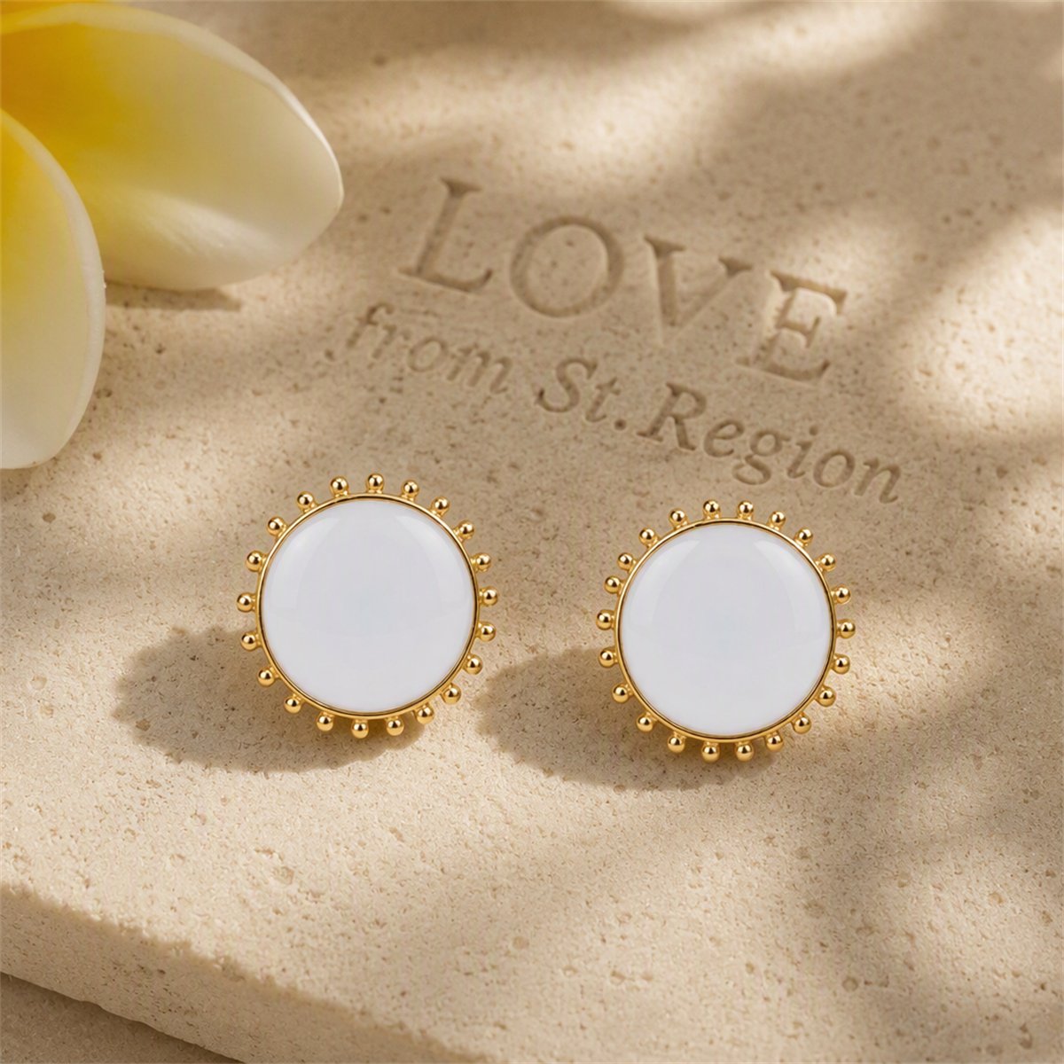 White Enamel and 18K Gold-Plated Circular Stud Earrings, gold stud earrings for women, lifestyle look