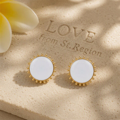 White Enamel and 18K Gold-Plated Circular Stud Earrings, gold stud earrings for women, lifestyle look
