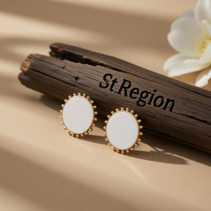 White Enamel and 18K Gold-Plated Circular Stud Earrings, gold stud earrings for women, vintage-inspired design, front view