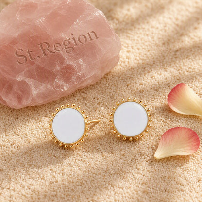 White Enamel and 18K Gold-Plated Circular Stud Earrings, gold stud earrings for women, detail close-up