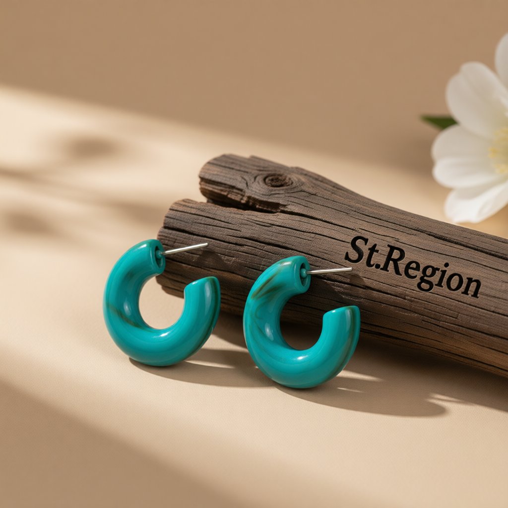 Teal and Green Swirl Chunky Hoop Earrings, huggie earrings, vintage-inspired design, front view