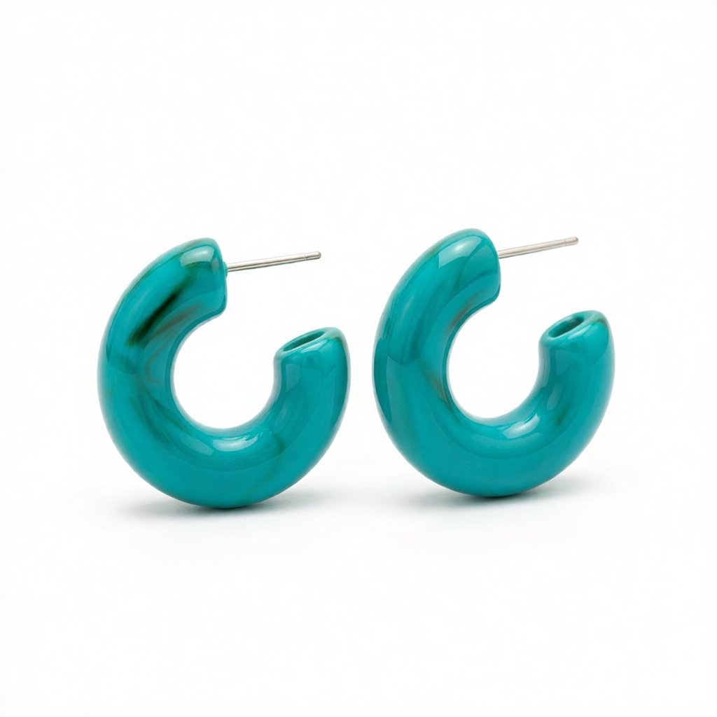 Teal and Green Swirl Chunky Hoop Earrings, huggie earrings, vintage-inspired design, side view