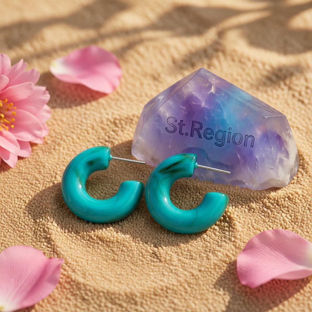 Teal and Green Swirl Chunky Hoop Earrings, huggie earrings, vintage-inspired design, detail close-up