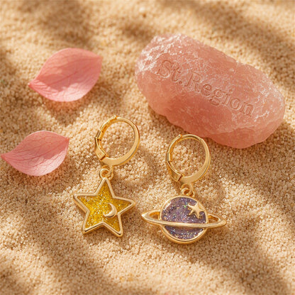 Yellow and 18K Gold-Plated Star and Planet Asymmetric Huggie Earrings, gold huggie earrings, everyday style, detail close-up