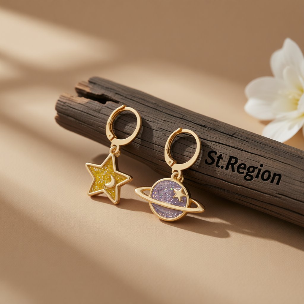 Yellow and 18K Gold-Plated Star and Planet Asymmetric Huggie Earrings, gold huggie earrings, everyday style, front view