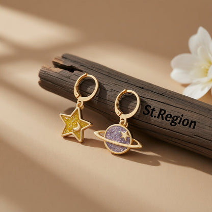 Yellow and 18K Gold-Plated Star and Planet Asymmetric Huggie Earrings, gold huggie earrings, everyday style, front view