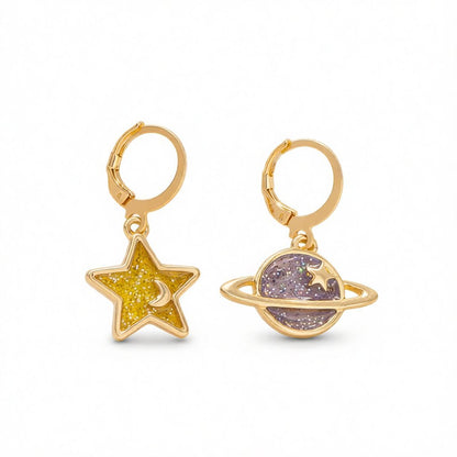Yellow and 18K Gold-Plated Star and Planet Asymmetric Huggie Earrings, gold huggie earrings, everyday style, side view