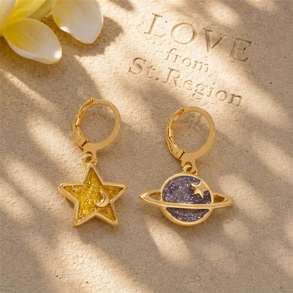 Yellow and 18K Gold-Plated Star and Planet Asymmetric Huggie Earrings, gold huggie earrings, everyday style, lifestyle look