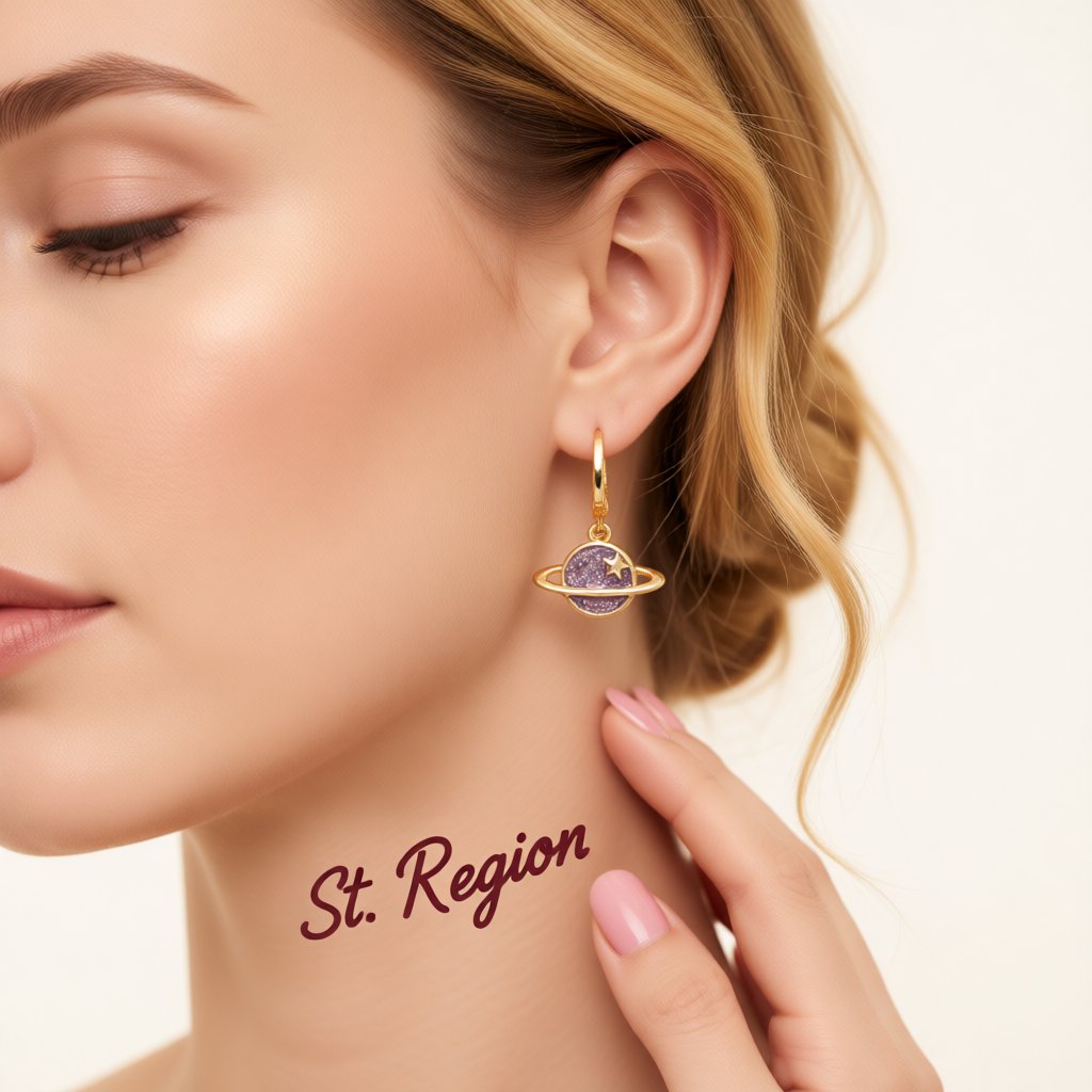 Yellow and 18K Gold-Plated Star and Planet Asymmetric Huggie Earrings, gold huggie earrings, everyday style, styled look