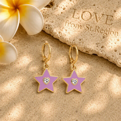 Heart-Shape Crystal and Enamel 18K Gold-Plated Star Huggie Earring, gold huggie earrings, everyday style, lifestyle look