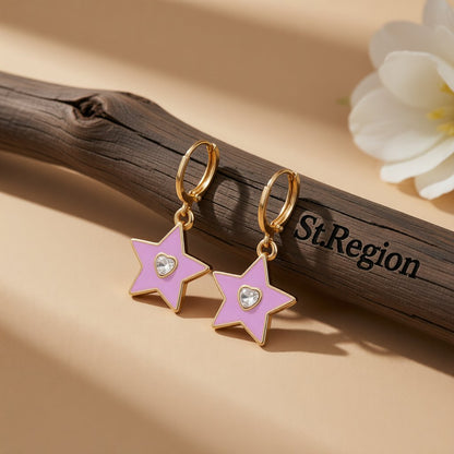 Heart-Shape Crystal and Enamel 18K Gold-Plated Star Huggie Earring, gold huggie earrings, everyday style, front view