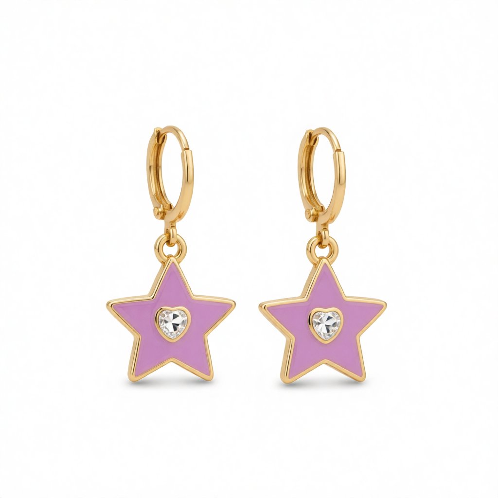 Heart-Shape Crystal and Enamel 18K Gold-Plated Star Huggie Earring, gold huggie earrings, everyday style, side view
