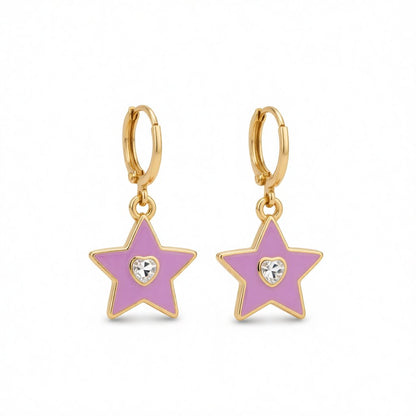 Heart-Shape Crystal and Enamel 18K Gold-Plated Star Huggie Earring, gold huggie earrings, everyday style, side view