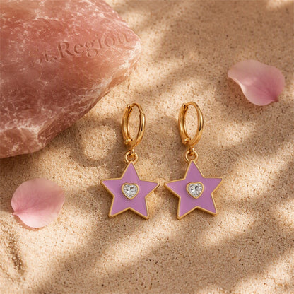 Heart-Shape Crystal and Enamel 18K Gold-Plated Star Huggie Earring, gold huggie earrings, everyday style, detail close-up