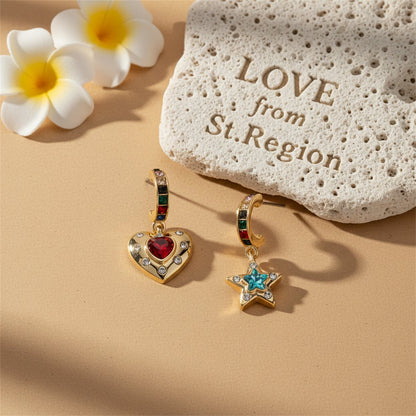 Blue and Red Crystal Heart Star Drop Earrings, huggie earrings, dainty minimalist design, lifestyle look