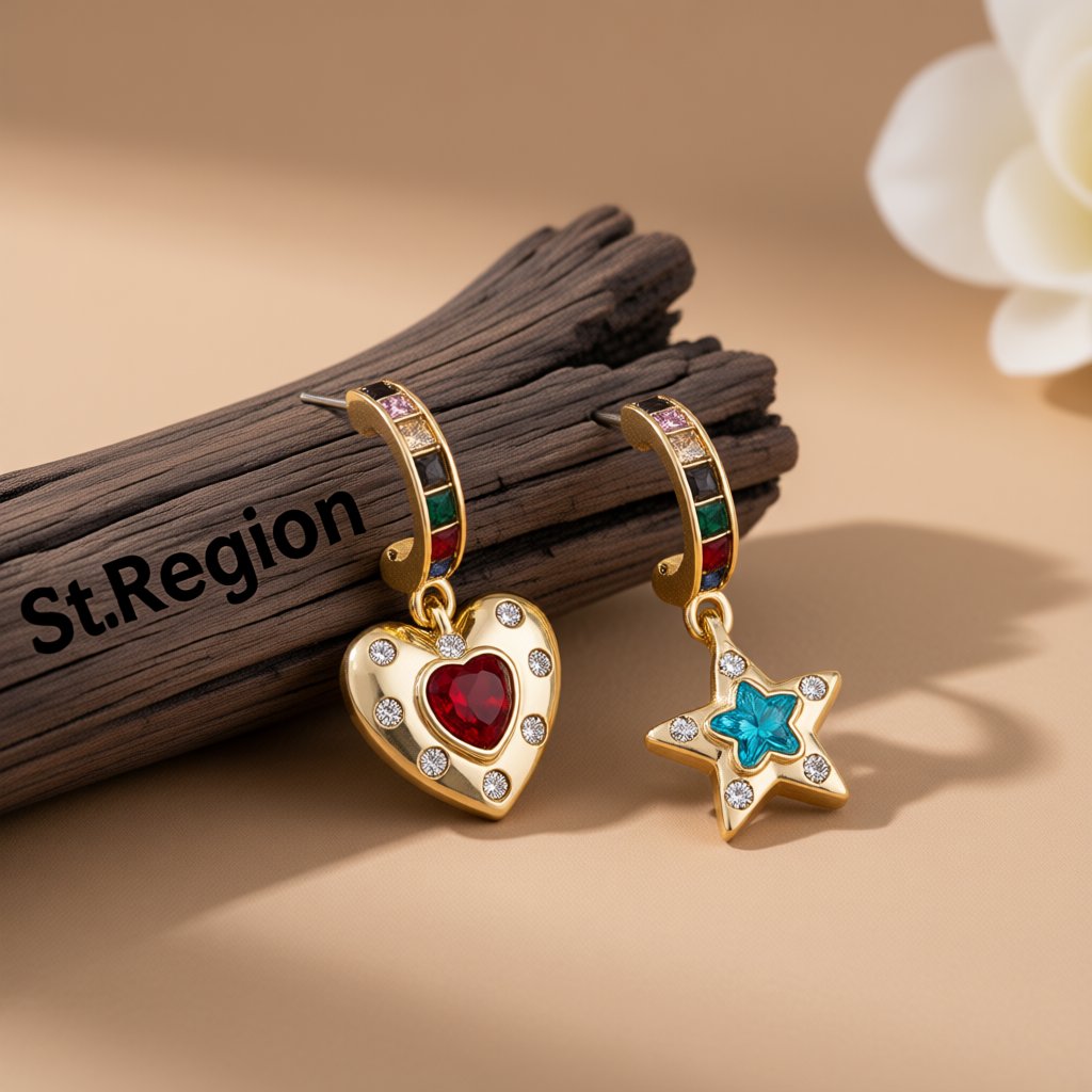 Blue and Red Crystal Heart Star Drop Earrings, huggie earrings, dainty minimalist design, front view
