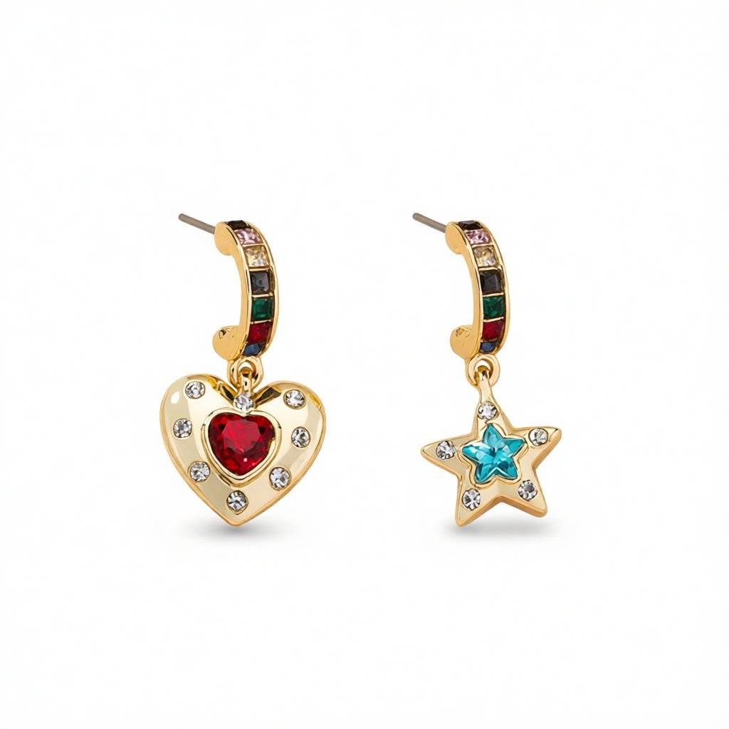 Blue and Red Crystal Heart Star Drop Earrings, huggie earrings, dainty minimalist design, side view