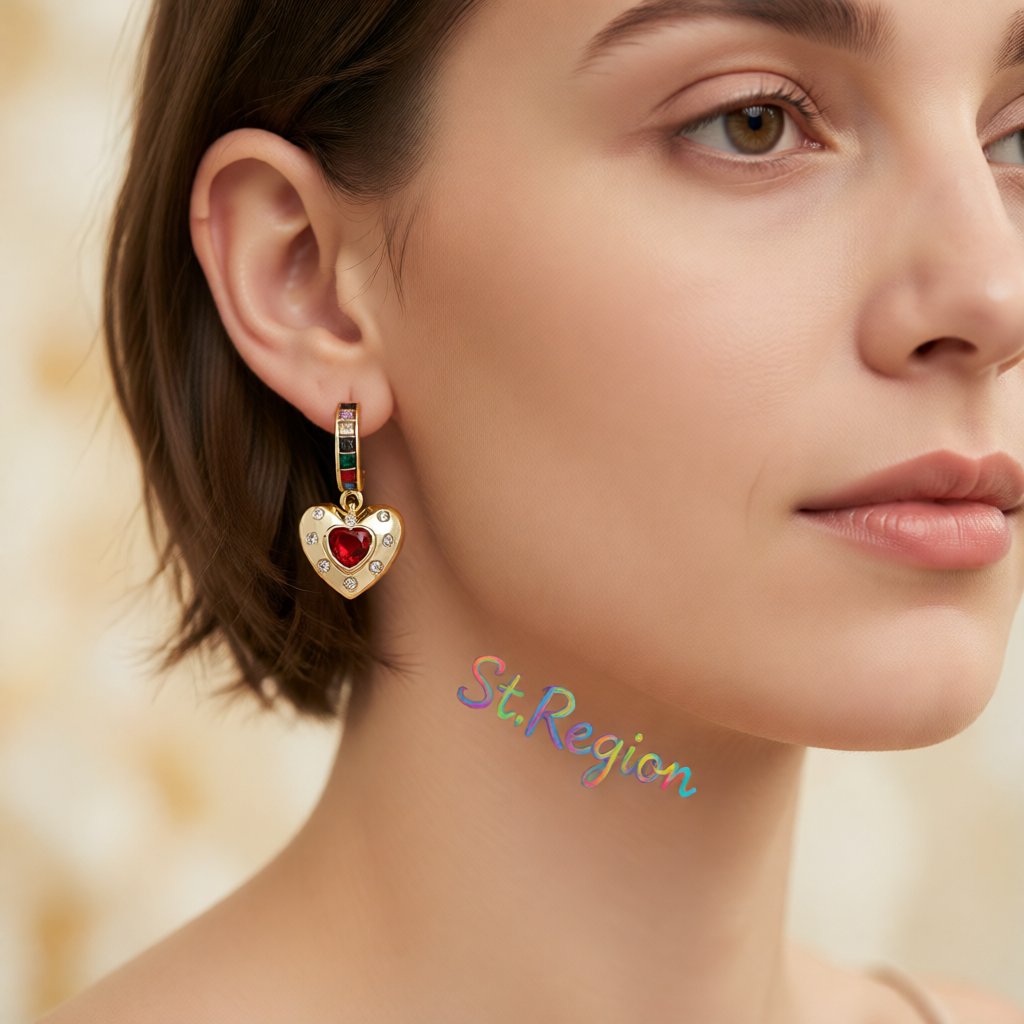 Blue and Red Crystal Heart Star Drop Earrings, huggie earrings, dainty minimalist design, styled look