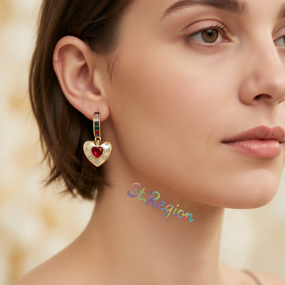 Blue and Red Crystal Heart Star Drop Earrings, huggie earrings, dainty minimalist design, styled look