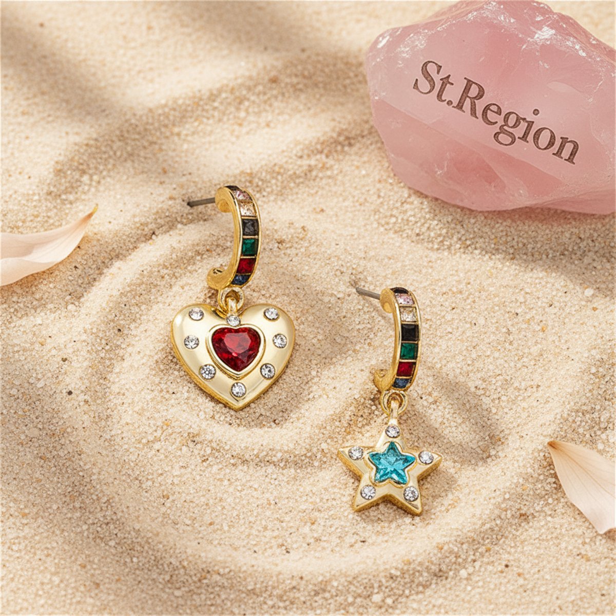 Blue and Red Crystal Heart Star Drop Earrings, huggie earrings, dainty minimalist design, detail close-up
