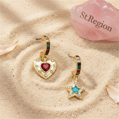 Blue and Red Crystal Heart Star Drop Earrings, huggie earrings, dainty minimalist design, detail close-up