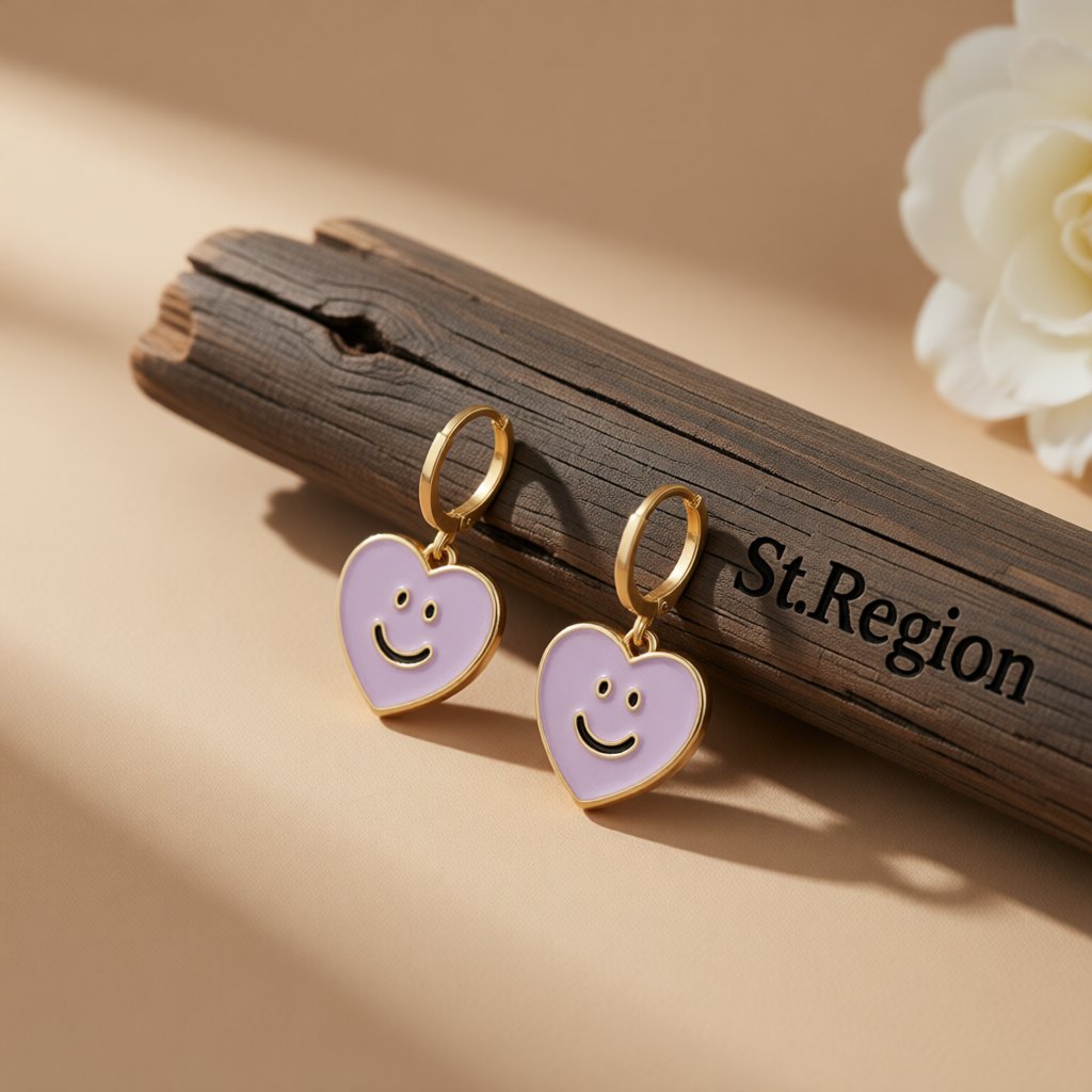 Purple Enamel and 18K Gold-Plated Smiley Heart Huggie Drop Earrings, gold huggie earrings, elegant gift for her, front view