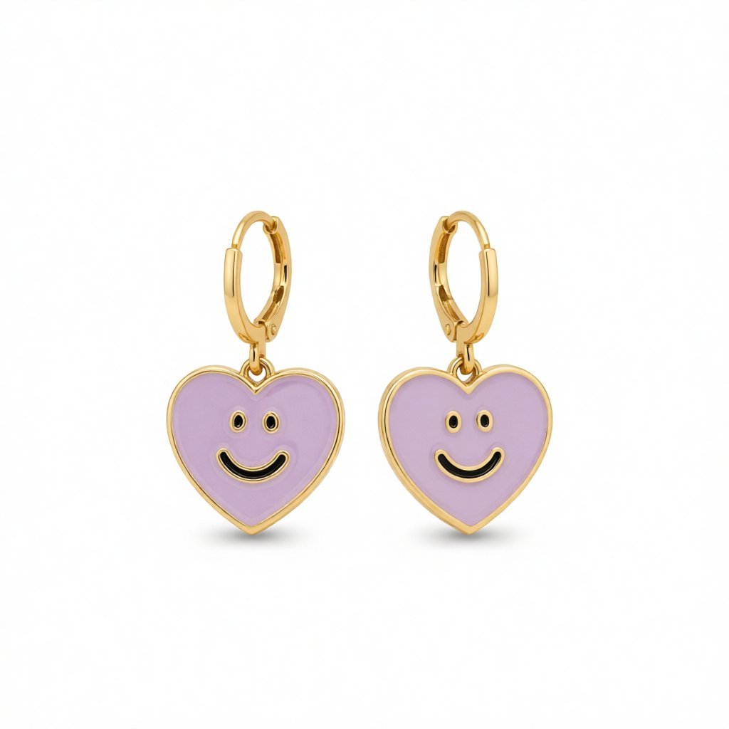 Purple Enamel and 18K Gold-Plated Smiley Heart Huggie Drop Earrings, gold huggie earrings, elegant gift for her, side view