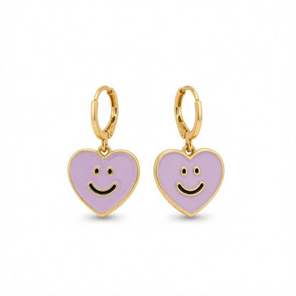 Purple Enamel and 18K Gold-Plated Smiley Heart Huggie Drop Earrings, gold huggie earrings, elegant gift for her, side view