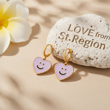 Purple Enamel and 18K Gold-Plated Smiley Heart Huggie Drop Earrings, gold huggie earrings, lifestyle look