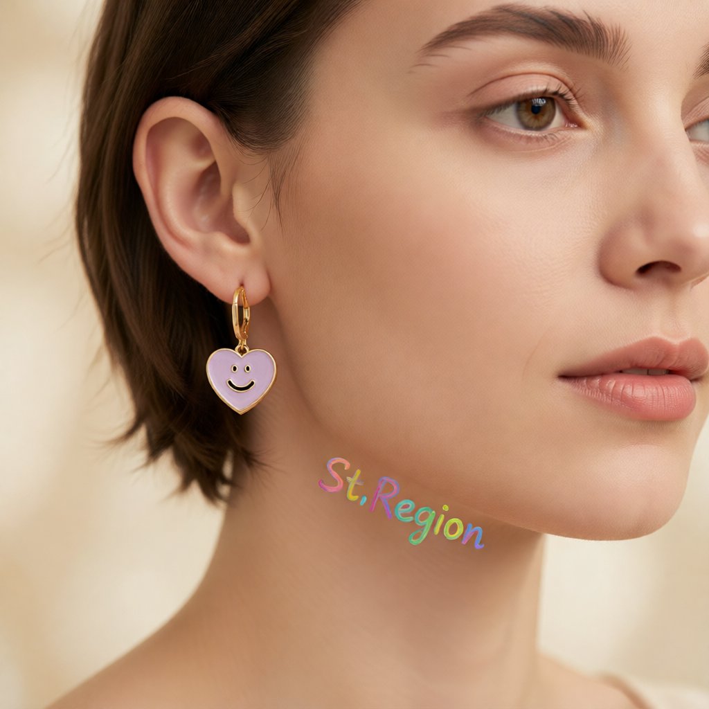 Purple Enamel and 18K Gold-Plated Smiley Heart Huggie Drop Earrings, gold huggie earrings, elegant gift for her, styled look