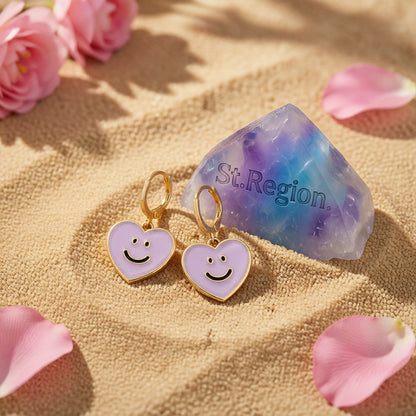 Purple Enamel and 18K Gold-Plated Smiley Heart Huggie Drop Earrings, gold huggie earrings, detail close-up