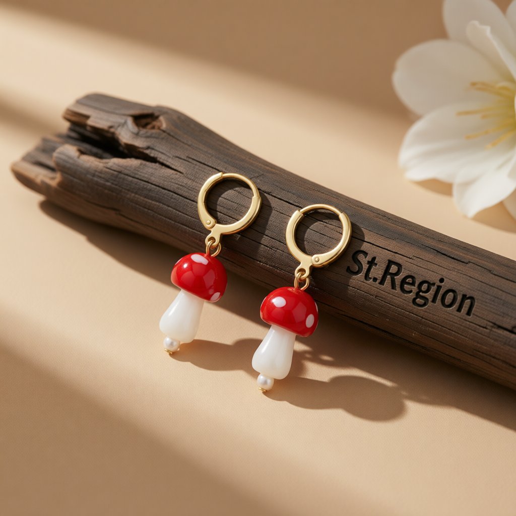 Red Resin and Pearl Mushroom Drop Earrings, huggie earrings, dainty minimalist design, front view