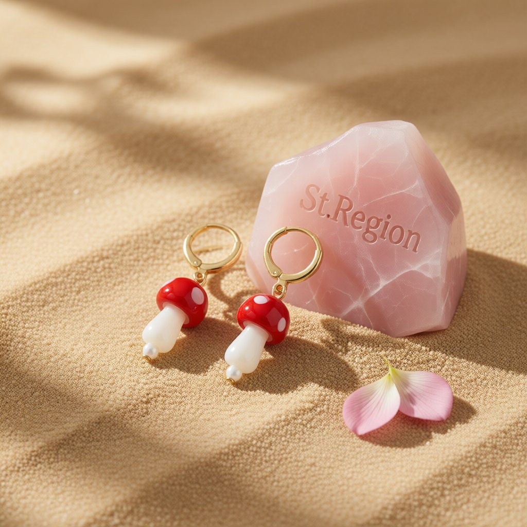 Red Resin and Pearl Mushroom Drop Earrings, huggie earrings, dainty minimalist design, detail close-up