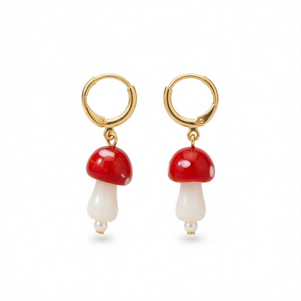 Red Resin and Pearl Mushroom Drop Earrings, huggie earrings, dainty minimalist design, side view