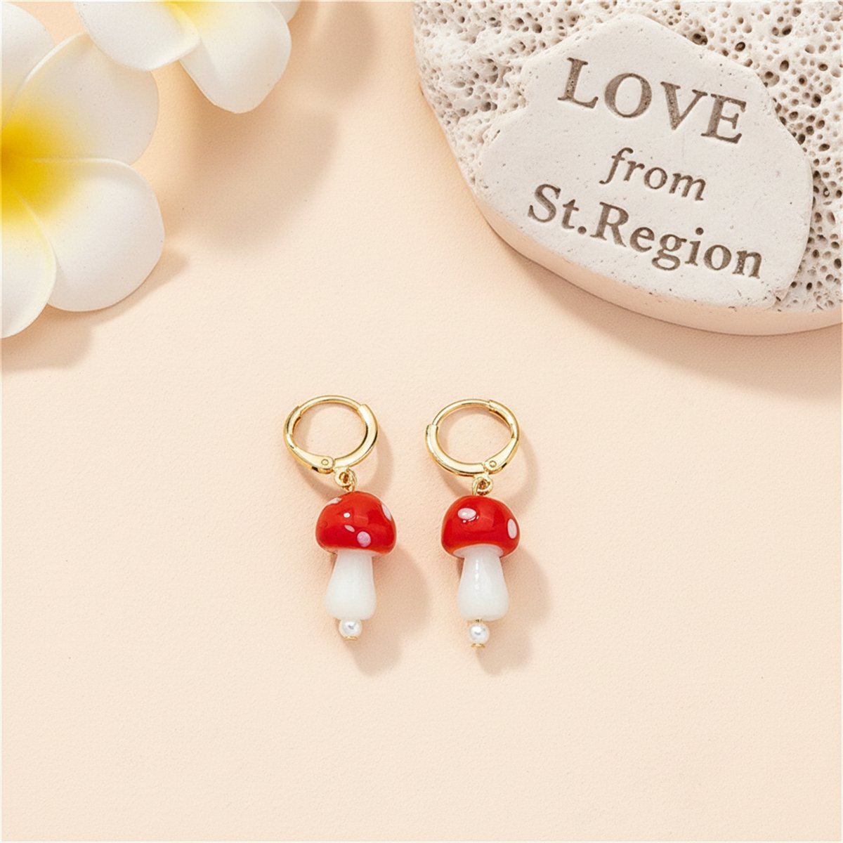 Red Resin and Pearl Mushroom Drop Earrings, huggie earrings, dainty minimalist design, lifestyle look