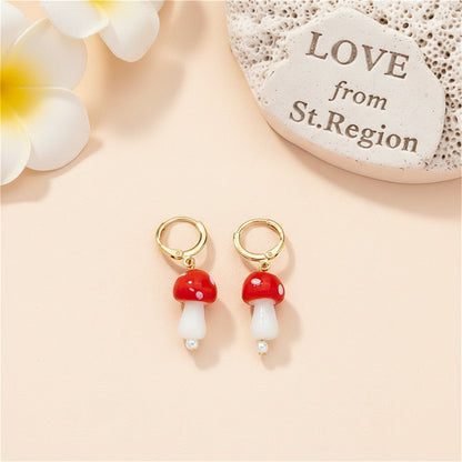 Red Resin and Pearl Mushroom Drop Earrings, huggie earrings, dainty minimalist design, lifestyle look