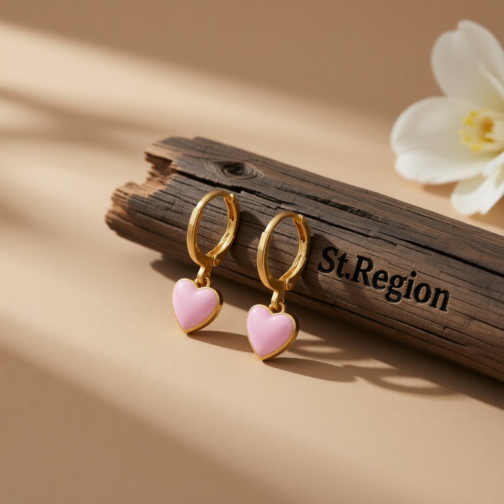Pink Enamel and 18K Gold-Plated Heart Drop Earrings, gold huggie earrings, elegant gift for her, front view