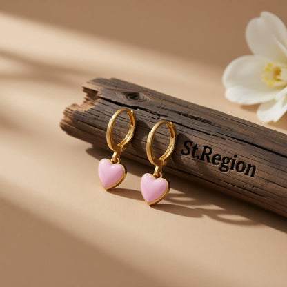 Pink Enamel and 18K Gold-Plated Heart Drop Earrings, gold huggie earrings, elegant gift for her, front view