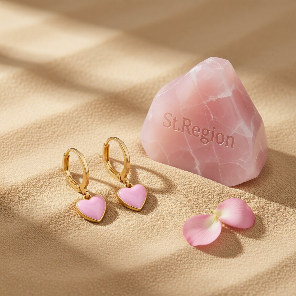Pink Enamel and 18K Gold-Plated Heart Drop Earrings, gold huggie earrings, elegant gift for her, detail close-up