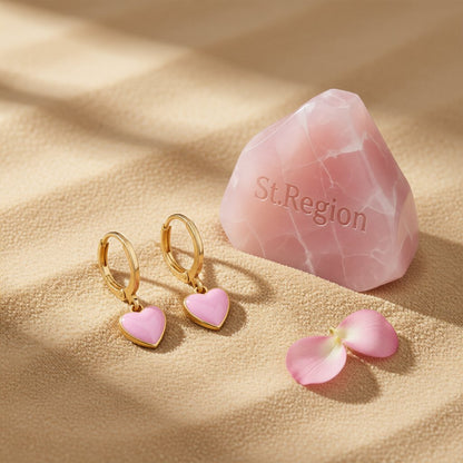 Pink Enamel and 18K Gold-Plated Heart Drop Earrings, gold huggie earrings, elegant gift for her, detail close-up