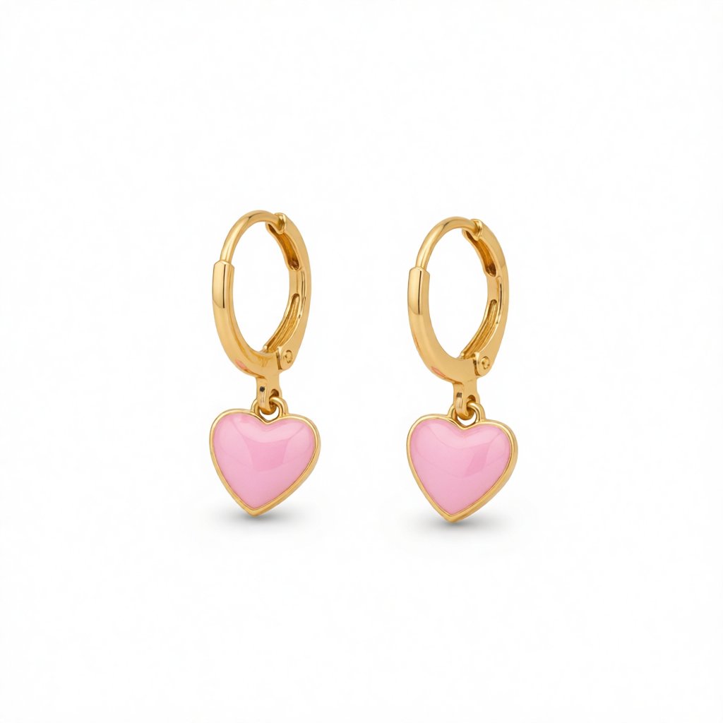 Pink Enamel and 18K Gold-Plated Heart Drop Earrings, gold huggie earrings, elegant gift for her, side view